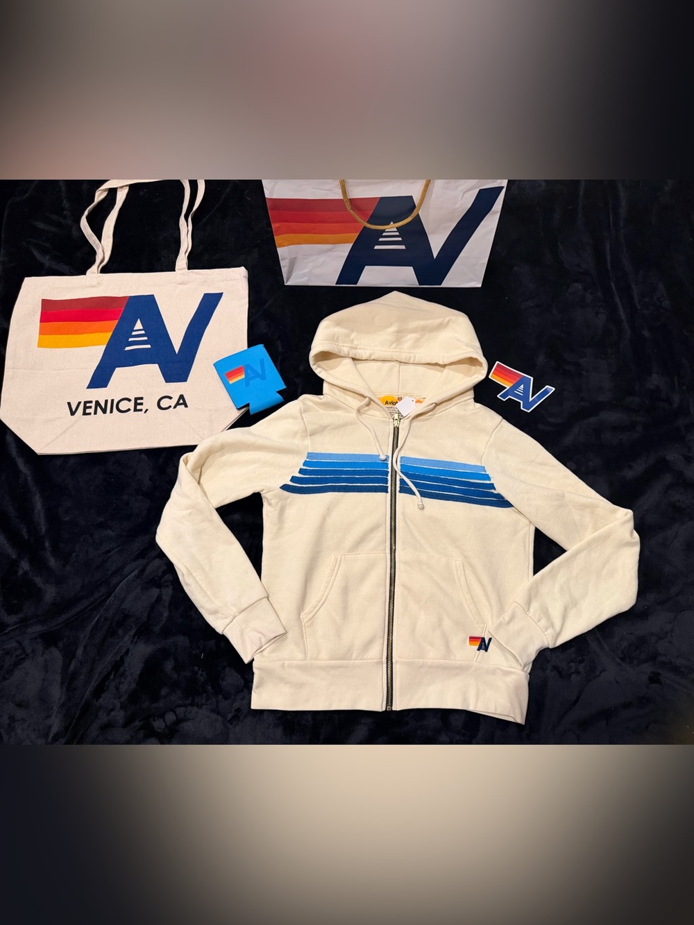 - NWT AVIATOR NATION UNISEX 5 STRIPE HOODIE Extra Small + Tote Bag